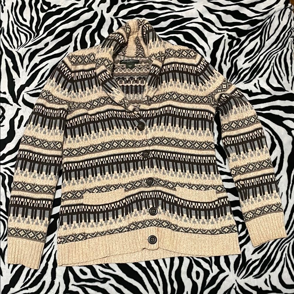 Eddie Bauer piano vintage cardigan button faire isle sweater beige size small